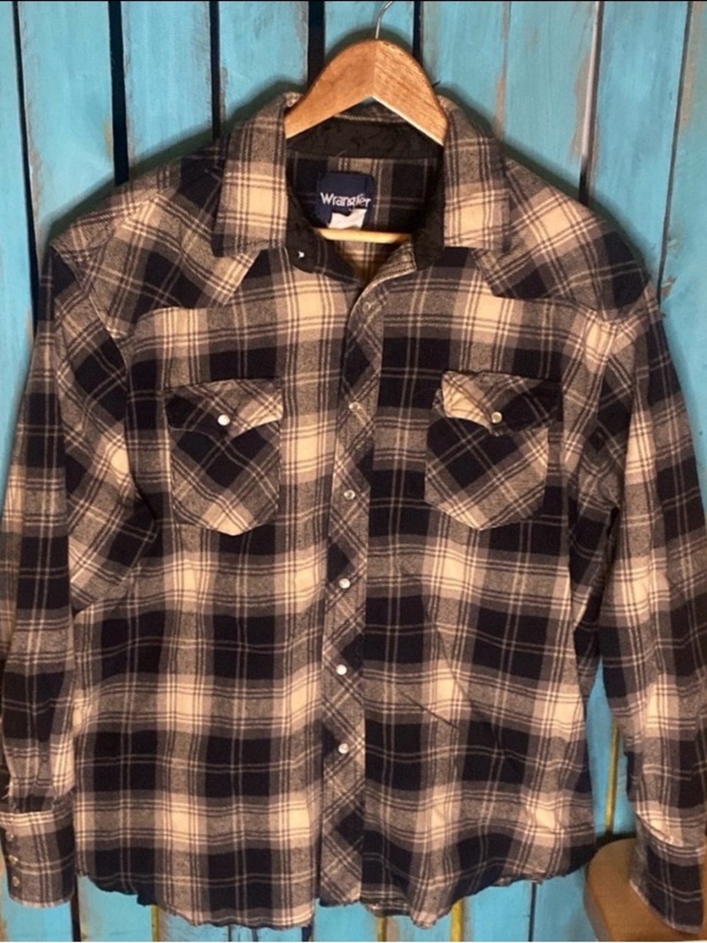Vintage Wrangler thick plaid flannel western pearl snap shirt XL navy tan